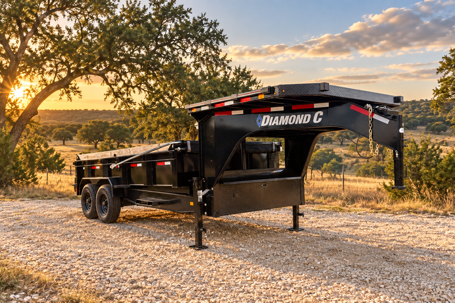 Black Diamond C gooseneck dump trailer on limestone gravel in a North Texas ranch setting