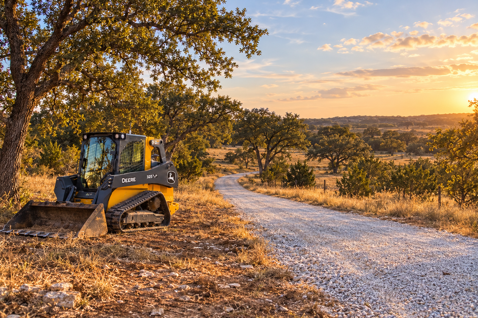 John Deere 325 P beside a gravel ranch road in a North Texas landscape